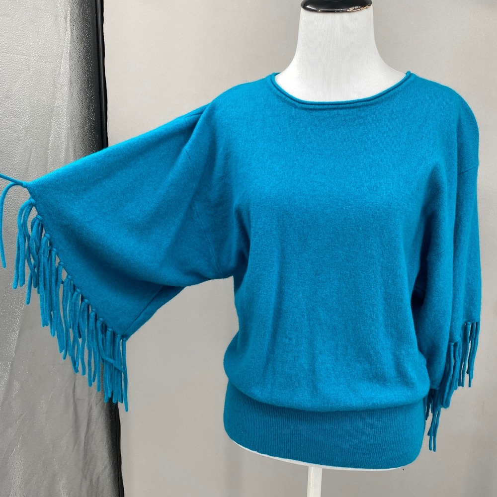 Funsport Fringe Dolman Sleeve Sweater Cerulean Blue Cashmere Blend Womens Medium